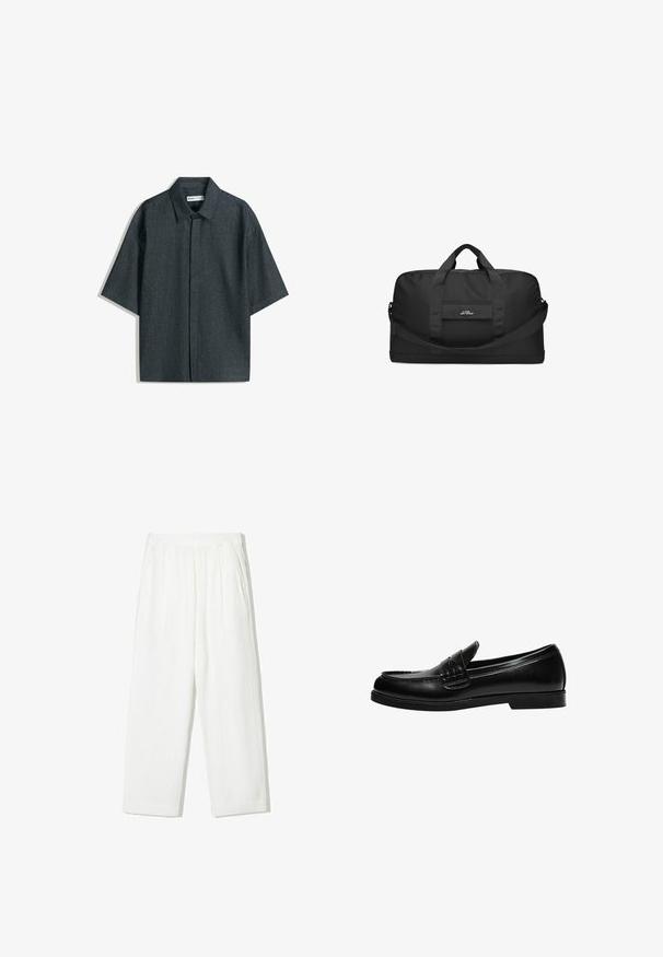 Košile s krátkým rukávem z tmavé denimu, která má klasický límec, rovný střih a hladký přední díl bez kapes.; Bílé kalhoty s širokými nohavicemi vyrobené z texturované tkaniny. Mají elastický pas a dvě boční kapsy. Uvolněný, volný střih.; Černé kožené mokasíny s hladkým povrchem, které mají prošívání na nártu a nízkou, jednolitou černou gumovou podrážku.; Černá sportovní taška vyrobená z odolné látky, se dvěma horními úchyty, odnímatelným ramenním popruhem a přední kapsou s logem.