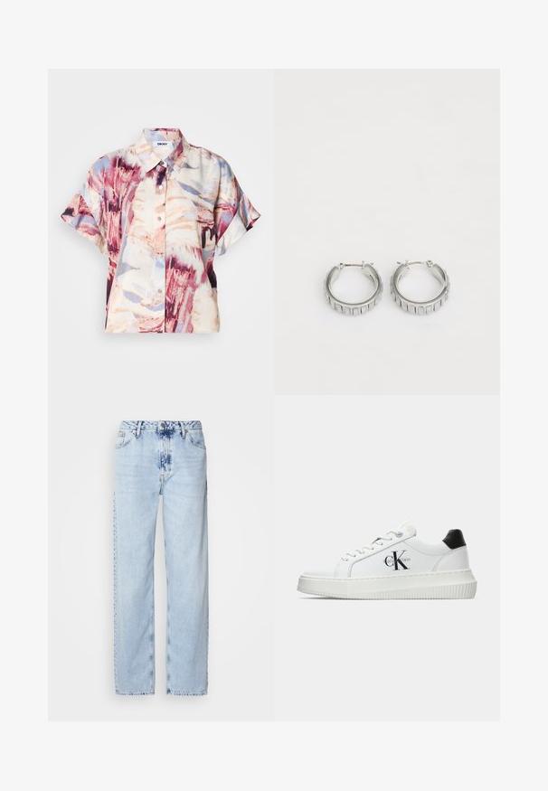 Īss piedurkņu blūze ar pogām un apkakli, ar abstraktu akvareļa rakstu violeta, bēša un gaiši zila toņos.; Gaiši zilas platās kājas džinsi, izgatavoti no denima, ar augstu jostas vietu, izbalinātu krāsu un smalku krāsošanas rakstu priekšpusē.; Baltā zema topa sporta apavas ar melnu papēža cilni, platformas zoli, auklēm un Calvin Klein "CK" logo sānos.; Sudraba gredzena auskari ar faktūras dizainu, kas ietver vertikālas rievas. Apaļa forma ar drošu aizdari. Gluda apdare.