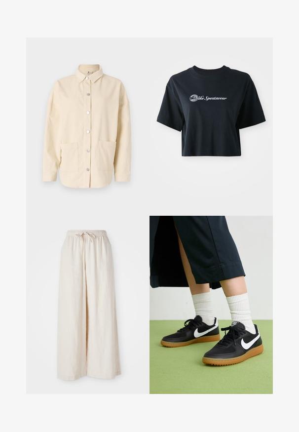 Crème corduroy overhemdjack met een kraag, zilveren knoopsluiting en twee voorzakken. Relaxte pasvorm en textuurstof.; Korte zwarte katoenen t-shirt met korte mouwen, voorzien van witte tekst "Vice Sportswear" en een ronde afbeelding aan de voorkant.; Brede, crèmekleurige broek met een elastische tailleband en een trekkoord. Glad, lichtgewicht linnen stof, zonder zichtbare patronen of hardware.; Zwarte leren en synthetische sneakers met witte Nike swoosh, rubberen gumzool, ronde neus en zwarte veters. Geribbelde witte sokken zichtbaar.