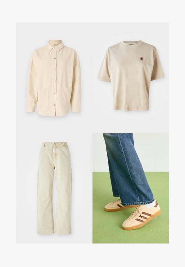 Kremo spalvos švelnus kordūro imperijos švarkas su apykakle, sidabriniais sagų užsegimais ir dviem priekinėmis kišenėmis. Atsipalaidavęs siluetas ir tekstūruota medžiaga.; Smėlinis medvilninis marškinėliai su laisvu siluetu, apvaliu iškirpimu, trumpomis rankovėmis ir mažą kvadratinį logotipą kairėje krūtinės pusėje.; Šviesiai smėlio spalvos plačios džinsinės kelnės su aukštu liemeniu, turinčios priekinį užtrauktuką ir mygtuką, diržo kilpos ir šonines kišenes. Minkšta tekstūra.; Bežiniai sportbačiai su tekstūruotais grietinėlės spalvos paneliais ir rudiems dryžiais, derinami su mėlynu džinsiniu džinsų komplektu. Džinsai turi plačias kojas ir nusidėvėjusį apatinį kraštą.