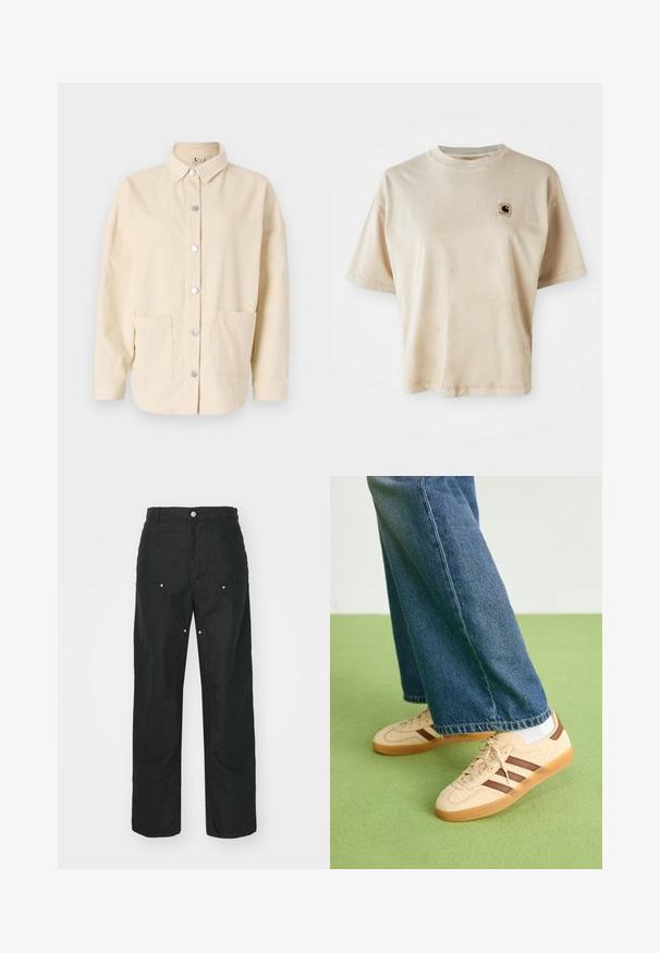 Krém színű korddzsák ingkabát, kolláris nyakkal, ezüst gombos zárással és két elülső zsebbel. Lazább szabás és texturált anyag jellemzi.; Beige pamut póló laza szabással, kerek nyakkal, rövid ujjakkal és egy kis négyzet alakú logóval a bal mellrészen.; Fekete nadrág, egyenes lábbal, textúrált anyagból készült. Dekoratív ezüst hardware-rel és egyedi varrási részletekkel rendelkezik.; Beige sportcipők textúrált krém színű panelek és barna csíkok részletezésével, kék farmernadrággal párosítva. A farmer széles szárú és rojtos szegéllyel rendelkezik.
