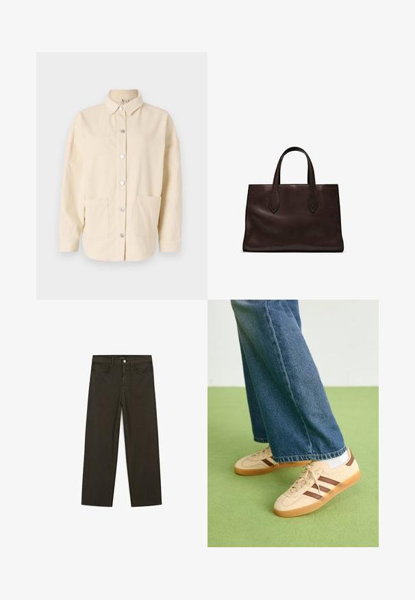 Krémová manšestrová košile-jacket s límečkem, stříbrným zapínáním na knoflíky a dvěma předními kapsami. Uvolněný střih a texturovaná tkanina.; Tmavě zelené široké džínsy vyrobené z bavlněné směsi, s předním zapínáním na knoflík, pěti kapsami a klasickým denimovým stehem.; Beige tenisky s texturovanými krémovými panely a hnědými pruhy, kombinované s modrými džínovými kalhotami. Džínsy mají široké nohavice a roztrhaný lem.; Hnědá kožená taška přes rameno s dvěma dlouhými uchy, strukturální obdélníkový tvar, hladká textura a jemné švy.