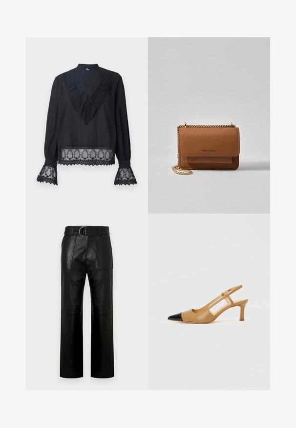 Fekete blúz texturált anyagból, fodros nyakkivágással, áttetsző csipke részletekkel az ujjakon és az alján, virágos hímzéssel.; Magas derekú, fekete bőr nadrág széles száraival, nagy első folttáskákra és egy dupla gyűrűs csattal ellátott, passzoló övvel.; Barna slingback magassarkú szegett fekete orral, oldalán kivágásokkal és közepes magasságú blokk sarkú. Simább bőrből készült.; Barna textúrájú bőr keresztbody táska arany lánc pánttal és fedélzárral. Az elején logó részlet és egy zseb található a fedél alatt.