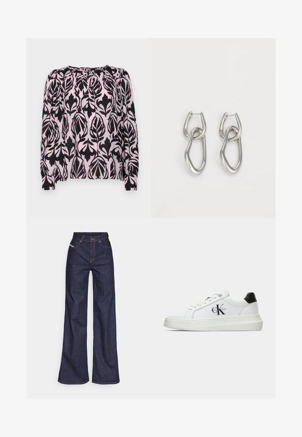 Langermet bluse i lys rosa med svart blomstermønster. Har rynket hals og elastiske mansjetter. Glatt, lett stoff.; Mørkeblå vide jeans i denim med høy midje, med oransje sømmer, fem-lomme-design og knappelukking.; Hvite lavsko med svart hæltab, plattformsåle, snøringer og Calvin Klein "CK" logo på siden.; Calvin Klein STATEMENT LINKS - Øredobber - silver-coloured