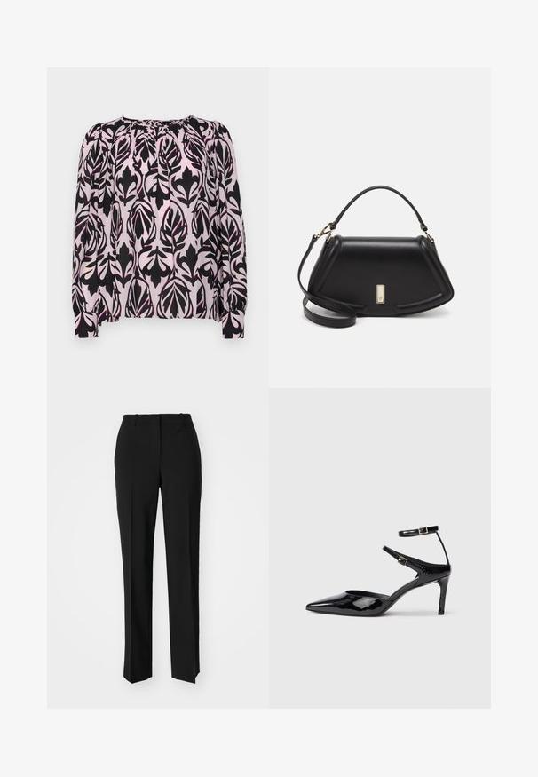 Long-sleeve blouse in light pink with a black floral pattern. Features gathered neckline and elastic cuffs. Smooth, lightweight fabric.; Black tailored trousers with a straight-leg design, featuring a smooth texture and crisp creases along the front. No visible hardware.; Black patent leather heels with a pointed toe, adjustable ankle straps, and a slender heel. Smooth texture with a shiny finish.; Black leather handbag with a structured design, featuring a cropped shape, top handle, and gold hardware accent. Adjustable shoulder strap included.