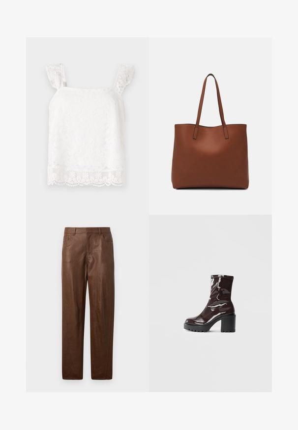 Biała koronkowa bluzka z kwiatowym wzorem i falbaniastymi ramiączkami. Posiada delikatne wzory oraz falbany na dolnej krawędzi, co dodaje tekstury. Lekki materiał.; Brązowe skórzane spodnie o gładkiej fakturze, z prostym krojem nogawki i dwoma bocznymi kieszeniami. Posiada widoczne detale szwów.; Błyszczące bordowe botki za kostkę z masywną czarną obcasem, charakteryzujące się gładką teksturą i prostym wzornictwem. Brak widocznych zapięć lub wzorów.; Brązowa skórzana torba tote o gładkiej fakturze, z otwartym wierzchem i dwoma ramiączkami. Charakteryzuje się minimalnym przeszyciem i brakiem widocznych elementów metalowych.