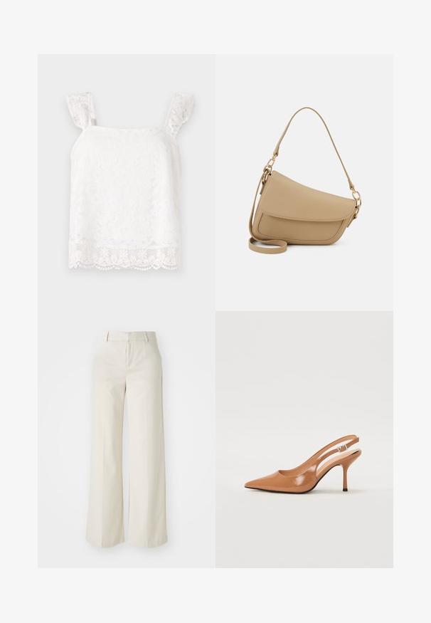 Valge lilleline pitspluus rippuvate õlavarredega. Omab õrnu mustreid ja lainelist äärist, mis lisab tekstuuri. Kerge materjal.; Laiad püksid helesbežis värvitoonis, valmistatud siledast kangast. Omavad klassikalist vööd ja siledat fronti puhaste joontega.; Küüntega slingback konts, mis on valmistatud siledast ja läikivast tan värvi materjalist. Omab kaarjat lõigatud disaini ja õhukest stiletto kontsa. Hõbedane pandla detail.; Even&Odd Käekott - beige