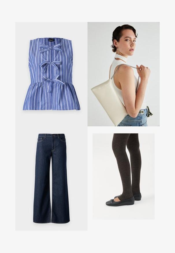 Mėlynos ir baltos juostelės liemenė be rankovių, su peplumo siluetu, kaspino akcentais ir mygtuko uždarymu priekyje.; Plati kojinės džinsai tamsiai mėlynos džinsinės medžiagos. Yra kontrastingas siuvimo ornamentas, penkios kišenės ir užsegimas mygtuku juosmenyje. Lygus paviršius.; Juodos plokščios bateliai su maža kaspinėlio detale prie pirštų, derinami su tamsiai rudos spalvos raukšlėtomis pėdkelnėmis. Bateliai turi lygų paviršių ir žemą profilį.; Balta, stačiakampio formos rankinė pagaminta iš blizgaus medžiagos, su sidabriniu virvute. Modelis pozavo, demonstruodamas rankinę prieš paprastą foną.