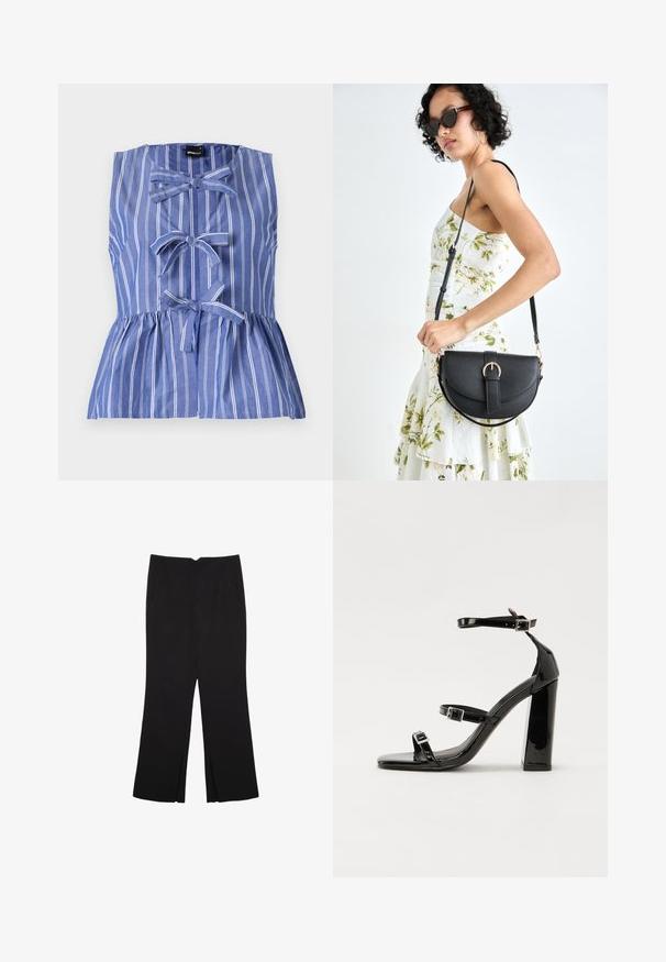 Zgornji del brez rokavov v modro-belim črtastem pomenku, ki ima peplum silhueto, detajle z vezavico in gumbasto zapiranje spredaj.; Črne hlače ravnega kroja z naglavnimi žepi in stranskimi razporki na robu. Narejene iz mehke, gladke tkanine. Primerne za različne priložnosti.; Črne lakaste sandale z visokimi petami, z dvema trakovoma z zaponkama, kvadratnim sprednjim delom in masivno širšo peto, z gladko, sijočo teksturo.; Črna usnjena torbica s ukrivljeno obliko, z odstranljivo naramnico in zlatimi dodatki. Torbica ima pokrov s podrobnostmi v obliki zaponke.