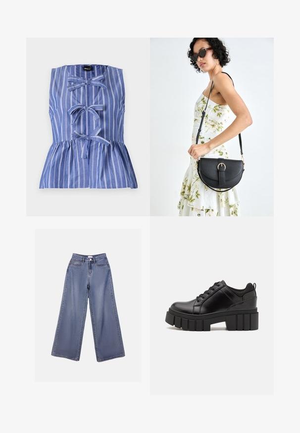 Zila un balta svītrota bez piedurknēm topiņš, kas izceļ pepluma siluetu, ar lentu akcentiem un pogu aizdari priekšā.; Platas kājas denima bikses gaiši zils mazgājumā, ar augstu jostasvietu, priekšējām kabatām un pogu aizdari ar jostas cilpiņām.; Melnas ādas platformas kurpes ar masīvu bloku papēdi, apaļu purngalu un tradicionālu saistīšanas dizainu. Izceļas ar gludu tekstūru un minimālu apdari.; Melnas ādas rokassoma ar izliekta formu, noņemamu siksnu un zelta aksesuāriem. Somai ir vāciņš ar sprādzes detaļu.