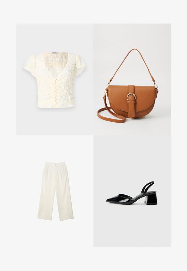 Kermavärinen lyhythihainen toppi, jossa on smocked-tekstuuri, V-kaula-aukko ja painonappi. Kevyt kangas ja hillityt puffihihat.; Kermanhousut vaaleassa kankaassa, jossa on sileä rakenne, yksittäinen etunappi, hienovaraiset laskokset ja korkea vyötärömuotoilu.; Mustat patentoitu nahkakengät, joissa on säären takaosa ja terävä kärki, sekä geometrinen palikkakorko. Sisältää tyylikkään, minimalistisen muotoilun ja sileän pinnan.; Ruskean nahkainen olkalaukku, jossa on kaareva muoto, kultaiset yksityiskohdat ja solkiyksityiskohta. Varustettu irrotettavalla olkahihnalla.