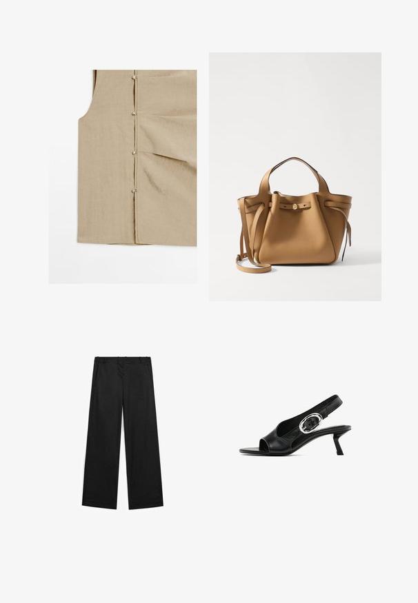 Beige linned vest med en let tekstureret overflade, udstyret med metalknapper langs siden og to syede lommer.; Bredde ben sorte bukser lavet af en bomuldsblanding, med en glat tekstur, frontlommer og minimale syninger.; Sorte læderslynge sko med åben tå, med et sølvfarvet oval spænde på remmen og en slank kitten hæl. Glat tekstur.; Tory Burch ROMY PEBBLED SATCHEL - Håndtasker - tiramisu