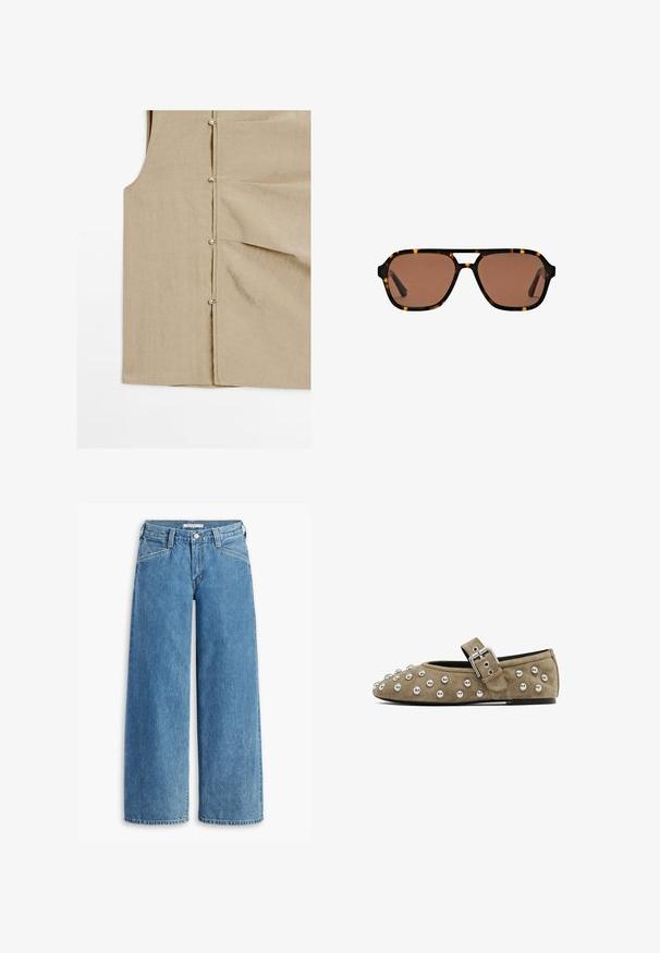 Beige Leinenweste mit leicht strukturiertem Oberflächen, ausgestattet mit Metallknöpfen an der Seite und zwei genähten Taschen.; Hellblau weite Jeans aus Denim, mit hoher Taille, fünf Taschen und einem klassischen Knopfverschluss. Gerader Schnitt vom Oberschenkel bis zum Saum.; Wildeleder-Flatschuh in Taupe mit metallischen Nieten über der Zehenpartie und einem Lederriemen mit einer silbernen Schnalle. Abgerunde Zehenform und flache Sohle.; Rechteckige Sonnenbrille mit braunem Tint und Schildpatt-Rahmen sowie einem Doppelsteg-Design auf einem weißen Hintergrund.; Weiße synthetische Handtasche in dreieckiger Form, flache Vorderklappe und Schleifendetail, verstellbarer Trageriemen, glatte Textur und minimalistisches Design.