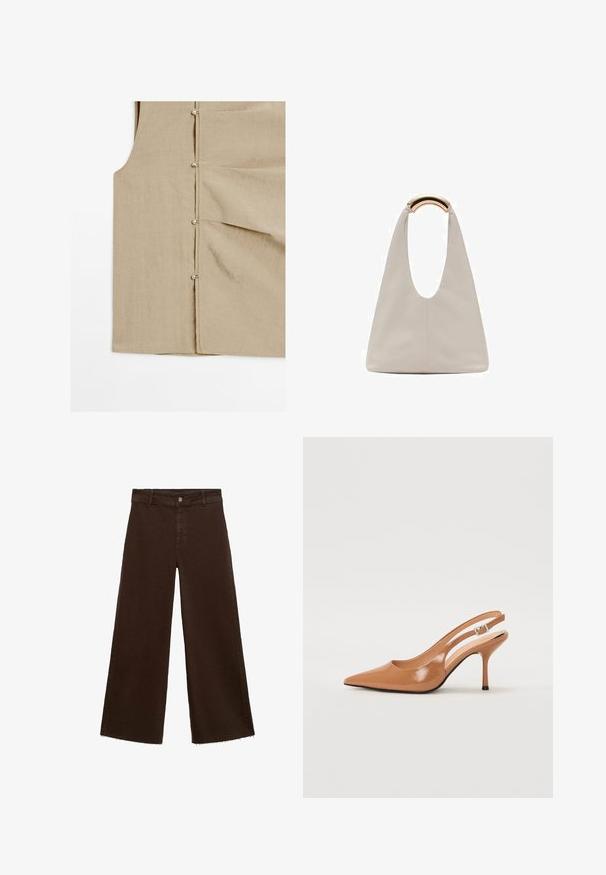 Beige Leinenweste mit leicht strukturiertem Oberflächen, ausgestattet mit Metallknöpfen an der Seite und zwei genähten Taschen.; Braune, weit geschnittene Hosen aus Baumwollmischung mit fransigem Saum, vorderem Knopfverschluss und klassischem Fünf-Taschen-Design. Minimalistisch und vielseitig.; Spitz zulaufender Slingback-Absatz aus einem glatten, glänzenden, tanfarbenen Material. Mit einem geschwungenen Ausschnitt-Design und einem schlanken Stiletto-Absatz. Silberne Schnallendetails.; Hellgraue Lederhandtasche mit einem U-förmigen Design und einem geschwungenen, metallischen Griff. Glatte Textur mit minimalen Nähten und ohne sichtbare Muster.