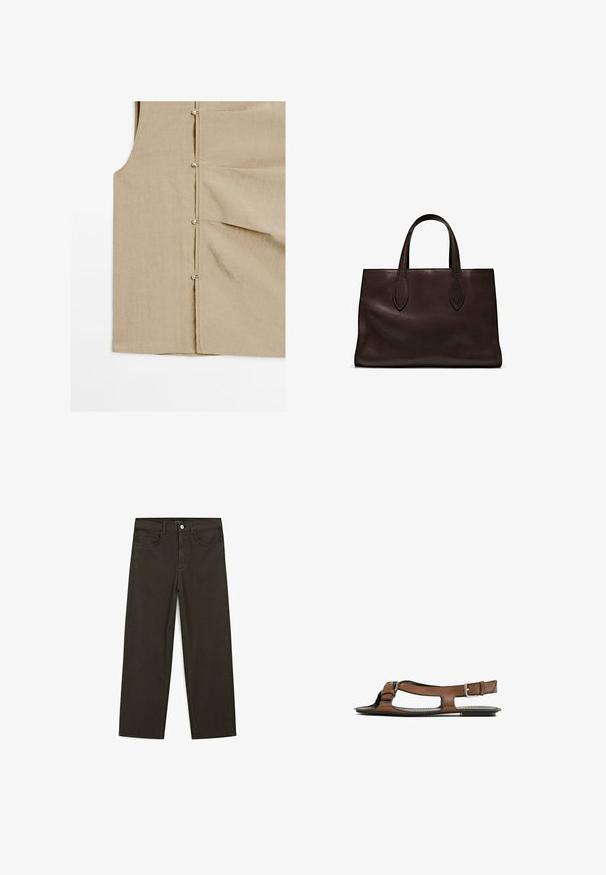 Beige Leinenweste mit leicht strukturiertem Oberflächen, ausgestattet mit Metallknöpfen an der Seite und zwei genähten Taschen.; Dunkelgrüne Jeans im weit geschnittenen Style, hergestellt aus einem Baumwollgemisch. Sie verfügen über einen Frontknopfverschluss, fünf Taschen und klassische Denim-Nähte.; Braune Leder-Sandale mit offener Zehenpartie und seitlichen Ausschnitten. Sie verfügt über einen Knöchelriemen mit einer metallischen Schnalle und eine flache Sohle.; Braune Ledertasche mit zwei langen Griffen, strukturierte rechteckige Form, glatte Textur und dezente Nähdetails.