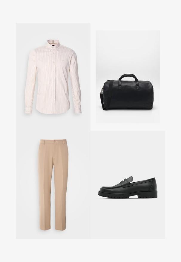 Camicetta chiara con bottoni, caratterizzata da sottili righe verticali in rosa pallido e bianco, con colletto a punta e polsini con un solo bottone.; Pantaloni beige realizzati in tessuto liscio, con un design a gamba dritta, chiusura frontale con bottone e dettagli di pieghe sottili lungo la parte anteriore.; Mocassini in pelle nera con punta rotonda, caratterizzati da un design cucito, suola piatta bassa e un battistrada in gomma testurizzata e scolpita.; Borsa a secchiello nera realizzata in materiale sintetico testurizzato. Presenta due manici e una tracolla regolabile. Design semplice senza motivi visibili.