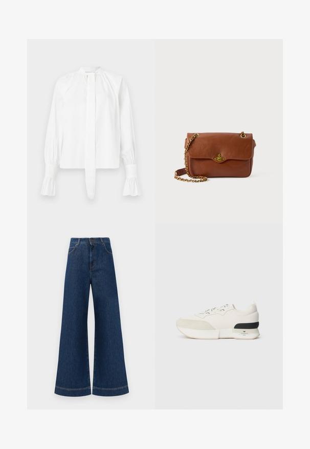 Balta ilga rankovė bluzono iš medvilnės su mandarinų tipo apykakle, raištelio detaile ir surinktomis rankovių galiukais. Lygus paviršius ir minimalistinis dizainas.; Plati mėlynos džinsinės kelnės su aukštu liemeniu, turinčios mygtukų užsegimą, diržo kilpas ir subtilius siuvinėjimo akcentus ant kišenių bei apdailos.; Balti sportiniai bateliai su tekstūruotu zomšiniu priekiu, sklandžiu tinkliniu viršumi, dekoratyviomis raištelėmis ir juodu guminiu kulno akcentu.; Ruda odinė per petį nešama kuprinė su užsegimu ant sklendės, auksinės spalvos aksesuarais ir grandinėlės dirželiu. Lygus paviršius, stačiakampio forma, minimalus apipavidalinimas.