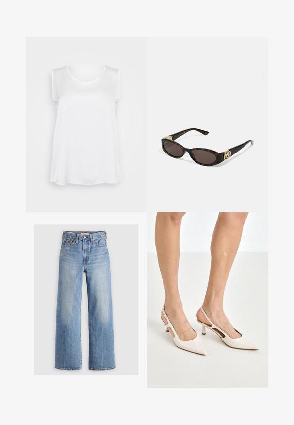 Balta bez piedurkm topiņa ar gludu tekstūru, v-veida kakla izgriezumu un brīvu piegriezumu. Viegls izliekts apakšmala un sānu šķēlumi, lai uzlabotu kustību.; Gaiši zili denima plati kāju džinsi ar augstu jostasvietu, izbalējušām vietām, piecām kabatām un kontrastējošiem šuvumiem. Klasiska pogas un rāvējslēdzēja aizdare.; Beidzējo oriģinālo bežējo lakotā ādas kurpju papēžus ar norādītu degunu un 5 cm papēdi, kas iekļauj izgrieztās sānu daļas un plānu potītes siksniņu.; Tīģerbrūnā sauļošanās brillēm ar izstieptām ovālām lēcām, brūnu tonējumu, zeltītiem logotipa akcentiem uz tempļiem un plānām melnām kājām.; Zelta vērpes auskari ar caurspīdīgu aizmuguri, ar struktūrētiem zelta akcentiem un maziem caurspīdīgiem dārgakmeņiem, kas iestrādāti dizainā.