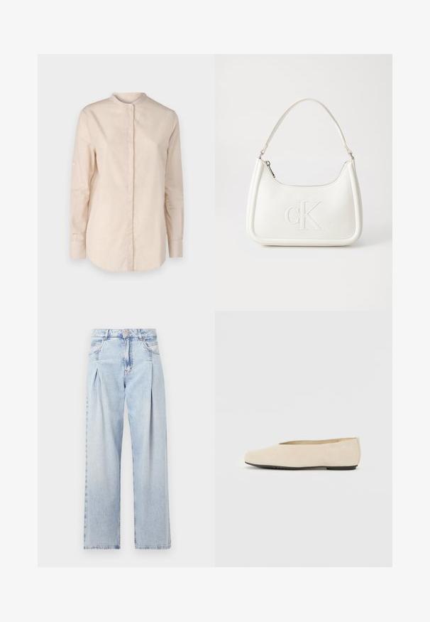 BOSS BEFELIZE - Blūze - open orange; Gaiši zilas džinsu bikses ar augstu jostasvietu, plats kāju griezumu, divām sānu kabatām un krokotā dizaina akcentiem. Mīksta tekstūra ar izdilušu apdari.; Bežs zamšs balerīnas ar noapaļotu purngalu, platu zoli un minimālu dizainu. Gluda tekstūra un bez redzamiem aparatūras elementiem vai rotājumiem.; Balta ādas rokassoma ar noapaļotu formu, uz kuras priekšpuses ir izgriezts "CK" logo un viena plecu siksna. Augšā aizverama ar rāvējslēdzēju.