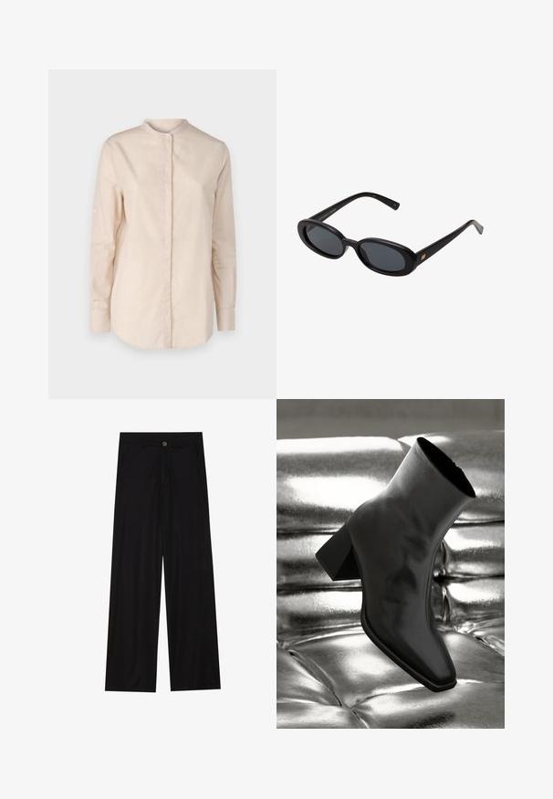 BOSS BEFELIZE - Blouse - open orange; Wide-leg black trousers made of a smooth fabric, featuring front pockets and a button closure at the waist. Minimalist design with no patterns.; Black ankle boot made of glossy material with a square toe and tapered heel, set against a shiny silver tufted background.; Black oversized sunglasses with oval lenses, smooth plastic frame, and gold accents on temple. Dark lenses provide sun protection.