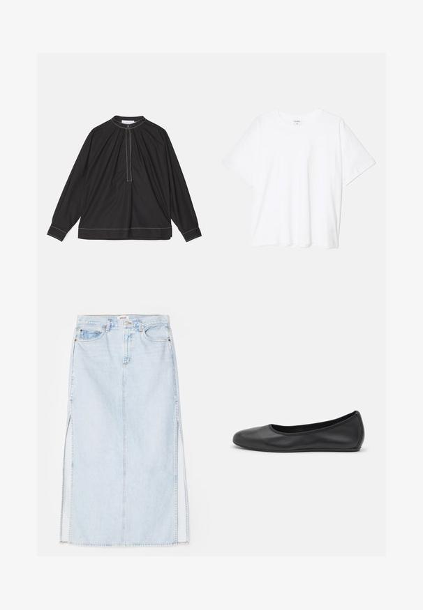 Blusa negra de manga larga en tejido ligero, con un frente fruncido, cuello abotonado y costuras blancas en contraste a lo largo del dobladillo y los puños.; Camiseta de algodón blanca con mangas cortas, escote redondo, corte relajado y dobladillo cosido. Etiqueta visible en el interior del cuello.; Falda maxi de mezclilla azul claro con corte recto, que presenta aberturas laterales y diseño de cinco bolsillos. Costuras prominentes y cierre de botón metálico.; Bailarina de piel negra con punta redondeada, textura suave, detalle de costura minimalista y diseño de suela flexible.