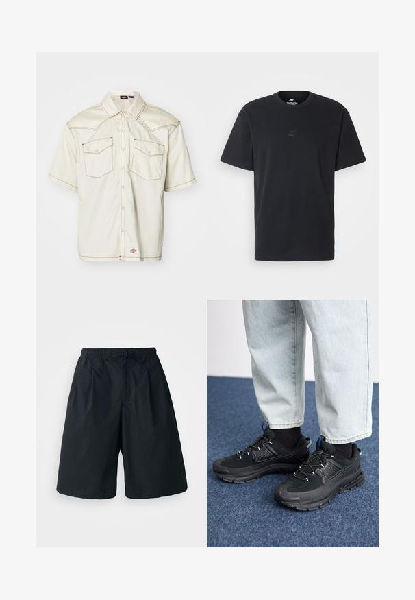 Kortermet skjorte med knapper i beige stoff, med to klafflommer, kontrasterende brune sømmer og avrundet kant.; Nike svart bomull T-skjorte med klassisk rund hals, korte ermer, og en subtil, preget logo på brystet. Glatt tekstur.; Svarte shorts med elastisk midje og justerbar snor. Laget av et glatt stoff, med løs passform og uten synlige mønstre.; Svarte sportssko med teksturert stoff og gummisåler, med elastiske lisser og en blå detalj på hælen. Brukt med lyse denimbukser.
