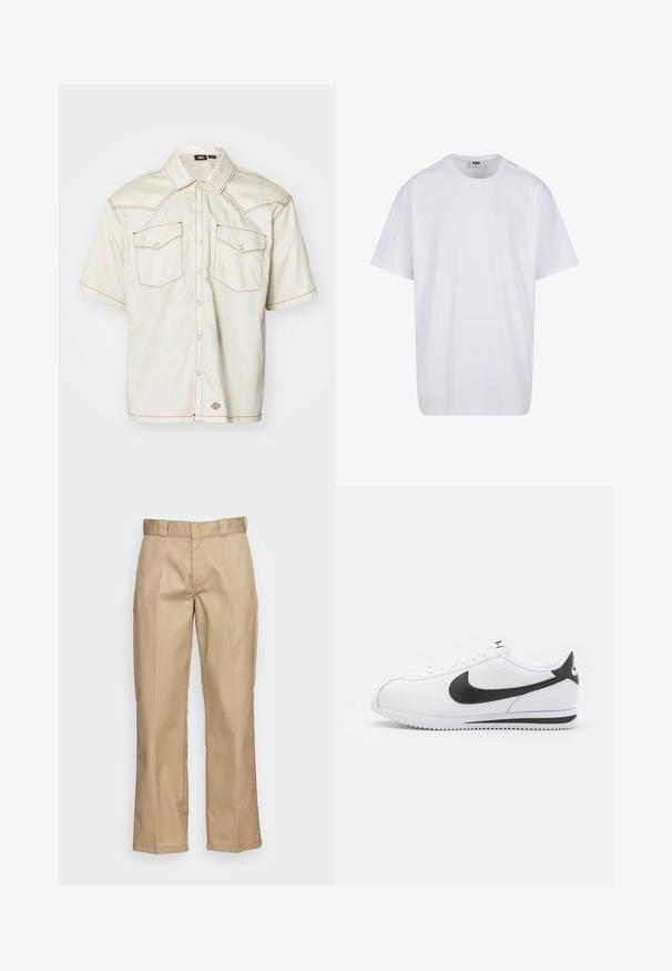 Lyhythihainen nappipaitoja beige kankaasta, jossa on kaksi läppätaskua, kontrastiväriset ruskeat ompeleet ja pyöreä helma.; Valkoinen puuvillainen t-paita, jossa on lyhyet hihat, pyöreä kaula-aukko, rento istuvuus ja ei näkyviä logoja tai kuvioita. Sileä pinta ja minimaalinen muotoilu.; Housut khaki-suoralla lahkeella, valmistettu kestävästä kankaasta, jossa on sileä pinta ja kaksinkertainen laskostus edessä lisäyksinä.; Valkoiset nahkakengät mustalla Nike-logolla, litteät nauhat ja teksturoitu kumipohja. Pyöreä varvastyyny ja pehmustettu kaulus mukavuutta varten.