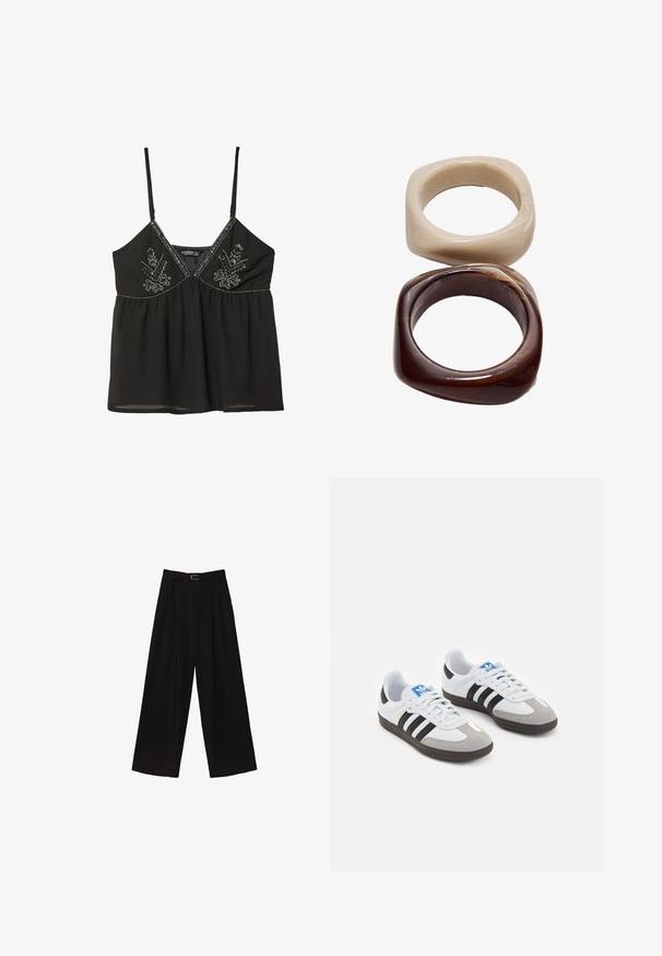Black camisole top with thin straps, featuring intricate silver embroidery and a gathered waist. Lightweight fabric, relaxed fit.; Black wide-leg trousers with a high waist, featuring a belt at the waist and pleats for texture. Made from a smooth, lightweight fabric.; Sport shoes with a white leather upper, gray suede toe, and three black stripes. Features a blue logo on the tongue and a textured rubber sole.; Stradivarius SET - Bracelet - dark brown