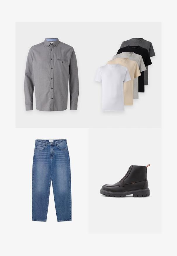 Grau karierter Hemd mit langen Ärmeln, Button-down-Kragen, Brusttasche und kontrastierender hellblauer Innenseite des Kragens. Mit braunen Knöpfen.; Set aus fünf Kurzarm-T-Shirts in Weiß, Beige, Hellgrau, Dunkelgrau und Schwarz. Hergestellt aus glattem Baumwollmaterial, mit Rundhalsausschnitt.; Blaue Denim-Jeans mit hoher Taille, geradem Bein und ausgebleichtem Finish. Verfügt über fünf Taschen und einen Knopfverschluss.; Braune Leder-Ankle Boots mit runder Spitze, tonalem Nähen, robustem schwarzen Gummisohle und orangefarbenem Zugband an der Ferse.