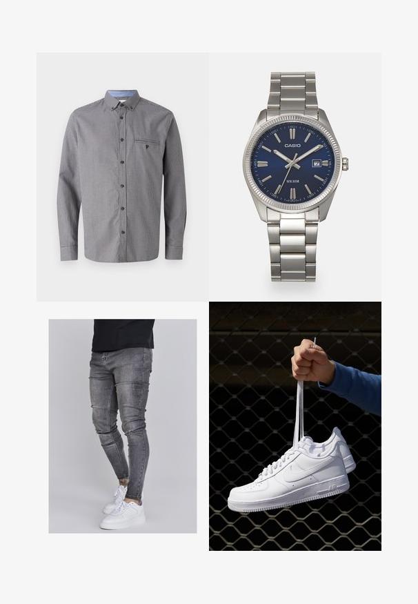 Chemise à carreaux gris à manches longues, col boutonné, poche poitrine et intérieur de col bleu clair contrastant. Boutons marron.; Jeans skinny en denim gris délavé, présentant des détails déchirés au niveau des genoux, associés à des sneakers blanches. Texture lisse, design ajusté.; Baskets en cuir blanc avec perforations, à bout rond, semelle plate et lacets épais, arborant un logo swoosh visible et "AIR" sur le talon.; Montre-bracelet en acier inoxydable argenté avec un cadran bleu marine, des index métalliques et un affichage de la date à 3 heures. Résistante à l'eau jusqu'à 50 mètres.
