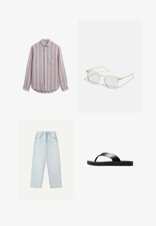 Camicia a righe con tessuto morbido in tonalità blu, giallo e rosso. Presenta una tasca sul petto e un colletto classico.; Jeans in denim azzurro chiaro con una vestibilità comoda, design a gamba dritta, stile a cinque tasche e leggere sfumature sul tessuto.; Infradito neri con suola piatta, realizzati in materiale elegante. Presentano un design minimalista con una sola fascetta e una parte inferiore testurizzata.; Occhiali da sole rotondi con una montatura trasparente, lenti verde chiaro e stemmi sottili e trasparenti. Presentano sottili dettagli hardware sulla montatura.