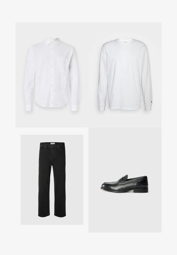 Valge linane pikkade varrukatega särk, millel on nööpidega krae, esi-tasku ja pärl-nöörid. Omab kumerat hemmi ja tekstuurset kangast.; Valge pika varrukaga T-särk, mis on valmistatud puuvillast. Ümmargune kaelus, ribaga mansetid ja väike logo vasakul varrukal. Sile tekstuur.; Mustad denim sirged püksid on varustatud klassikalise viie taskuga, nupuga kinnitamisega, minimaalse õmblusega ja pehme tekstuuriga.; Mustad mustad nahast loafers, mis on kaunistatud sileda viimistluse, õmblusdetailide ja veidi kõrgendatud kannaga.