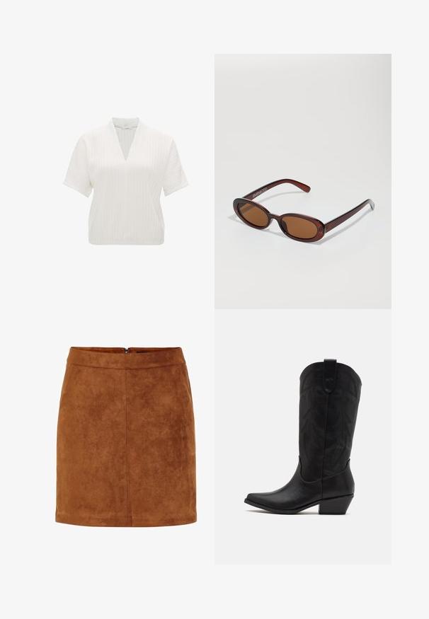 Kurzärmeliges weißes Oberteil mit V-Ausschnitt, das ein strukturiertes, gestreiftes Muster und einen lockeren Schnitt aufweist. Einfaches Design ohne zusätzliche Akzente.; Brauner Wildleder-Minirock aus glattem Material, mit geradem Schnitt und unsichtbarem Reißverschluss auf der Rückseite. Mit Nahtdetails für mehr Struktur.; Schwarze Leder-Cowboystiefel mit spitzer Zehenform, niedrigem, gestapeltem Absatz und kunstvollem, geprägtem Blattmuster am Schaft. Schleife am oberen Ende für einfaches Anziehen.; Runde, braun getönte Sonnenbrillen mit einem glänzenden burgunderfarbenen Rahmen. Schlanke Bügel mit dezentem Branding. Flaches Linsendesign.; Burgunderfarbene Handtasche aus weichem Stoff mit gerafftem Design und langem Trageriemen, quer über den Körper getragen. Das Modell trägt ein weißes Crop-Top und schwarze Jeans.