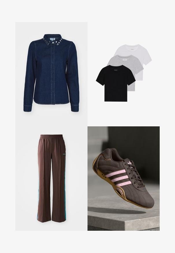 Donkerblauwe denim overhemd met lange mouwen, spitse kraag en decoratieve zilveren studs op de kraag. Heeft een knoopsluiting aan de voorkant en een rechte zoom.; Set van drie korte mouwen t-shirts in zwart, grijs en wit. Gemaakt van katoen, met een ronde hals en een eenvoudig, effen kleurontwerp.; Bruine sportbroek met een ribbelstructuur, elastische tailleband en turquoise zijstrepen. Voorzien van het adidas-logo aan de voorkant.; Bruine suède sport schoen met roze strepen en logo, voorzien van een gestructureerde bovenkant, vetersluiting en een gumrubberen zool.
