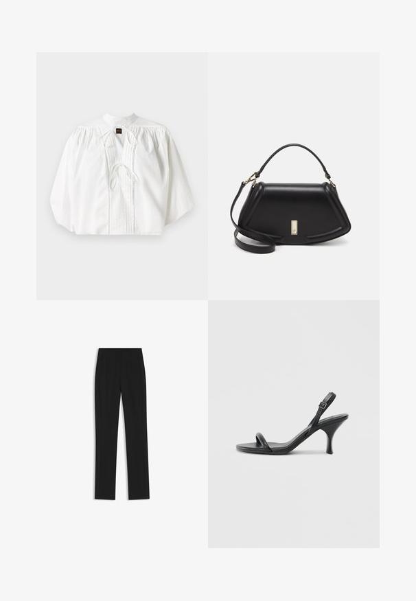 White blouse with gathered puff sleeves, a high collar, front tie closure, and vertical pleats, made from a lightweight, textured fabric.; Black tailored trousers with a straight-leg design, featuring front pockets and a smooth, textured fabric. Neat, minimal detailing.; Black leather high-heeled sandals with a slim, curved heel and a crossed strap design. Adjustable ankle strap. Smooth texture.; Black leather handbag with a structured design, featuring a cropped shape, top handle, and gold hardware accent. Adjustable shoulder strap included.