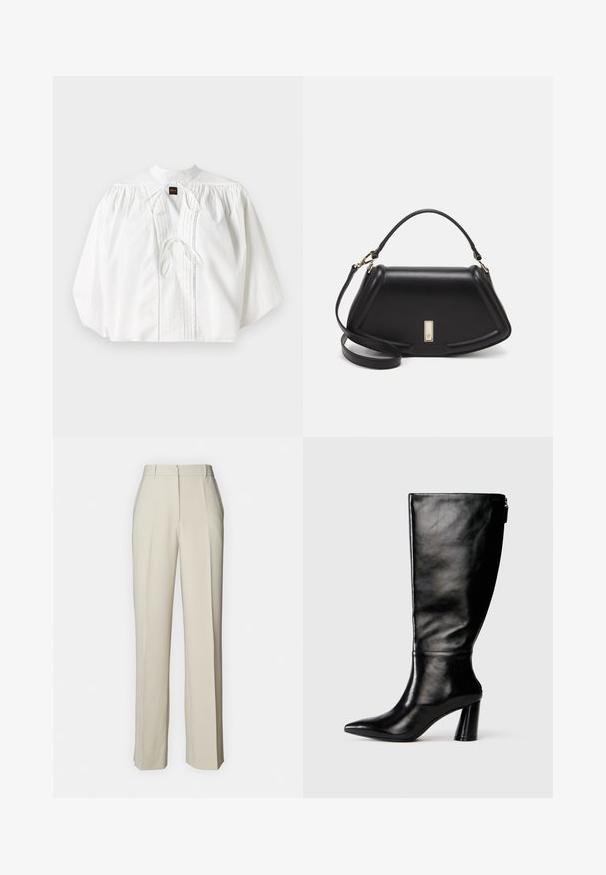 Weiße Bluse mit gerafften Puffärmeln, hohem Kragen, Frontbindeschluss und vertikalen Falten, aus einem leichten, strukturierten Stoff gefertigt.; Beige maßgeschneiderte Hose mit geradem Schnitt, ausgestattet mit vorderen Falten, einem flachen Bund und glatter Textur für ein sauberes Finish.; Knöchelhohe schwarze Lederstiefel mit einer spitzen Zehe, glatter Oberfläche und einem klobigen Absatz. Verfügt über einen Reißverschluss hinten.; Schwarze Lederhandtasche mit einem strukturierten Design, das eine verkürzte Form, einen oberen Griff und goldfarbene Hardware-Details aufweist. Verstellbarer Schulterriemen ist enthalten.