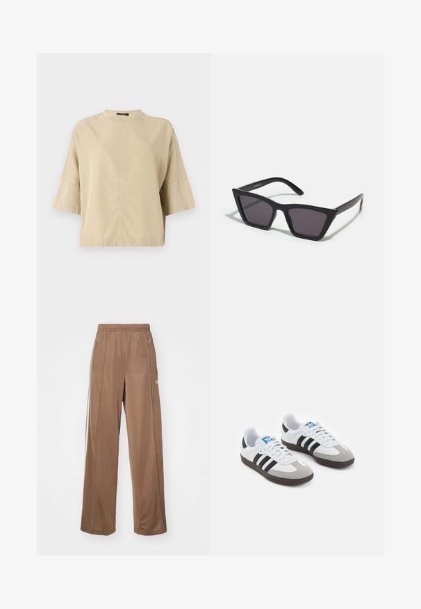 Top beige de manga corta con un cuello alto, corte relajado y un sutil detalle de costura por la parte delantera. Fabricado en un tejido suave y ligero.; Pantalones deportivos marrones hechos de tela suave, con una cinturilla elástica, bolsillos laterales y acentos en blanco del logo en la cadera izquierda.; Zapatillas deportivas con parte superior de piel blanca, puntera de ante gris y tres rayas negras. Presentan un logo azul en la lengüeta y una suela de goma texturizada.; Gafas de sol negras y angulares con lentes grises; fabricadas en plástico, con varillas gruesas de superficie suave y sin herrajes visibles.