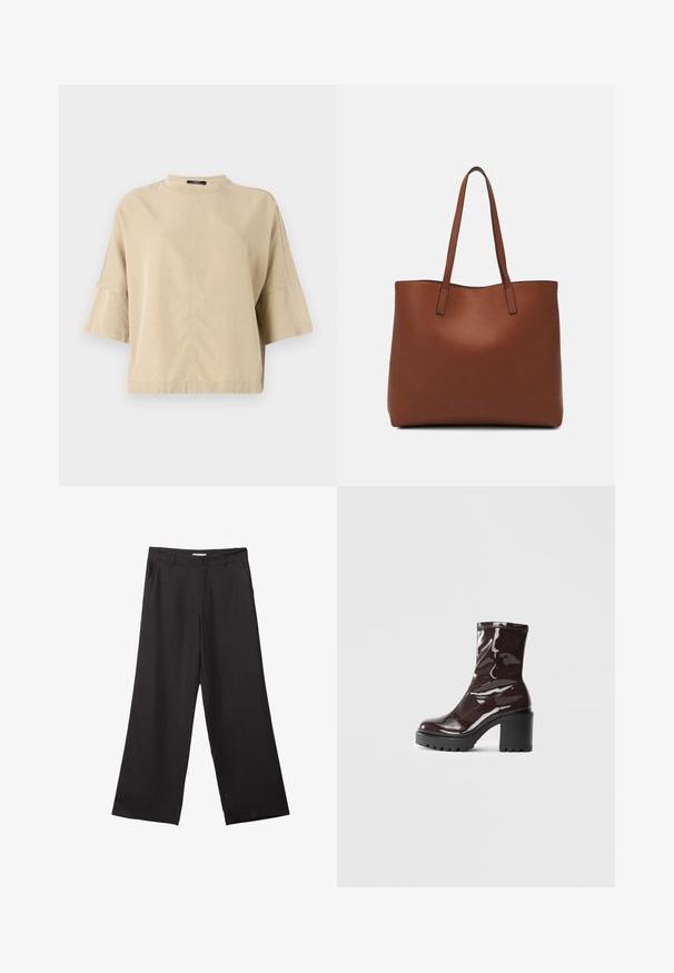 Top beige a maniche corte con collo alto, vestibilità rilassata e dettagli di cucitura discreti sulla parte anteriore. Realizzato in tessuto morbido e leggero.; Pantaloni neri a gamba larga realizzati in tessuto liscio, con zip frontale e due tasche laterali, dal taglio sartoriale e design minimalista.; Stivale alla caviglia bordeaux lucido con un tacco spesso nero, caratterizzato da una superficie liscia e un design semplice. Nessuna chiusura visibile o motivo.; Borsa tote in pelle marrone con texture liscia, design con apertura superiore e due spallacci. Presenta cuciture minime e nessun hardware visibile.