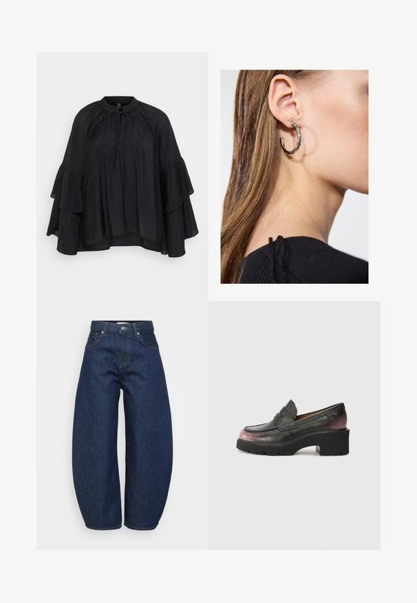 Čierna blúzka s okrúhlym výstrihom, detailom na nastavovanie a vrstvenými rozšírenými rukávmi. Vyrobená z ľahkej látky s jemnou textúrou.; Tmavomodré rifle s vysokým pásom, širokými nohavicami, so zapínaním na prednom gombíku a zips, a klasickým dizajnom s piatimi vreckami.; Čierne kožené mokasíny s okrúhlou špičkou, akcentovacím pásom a tónovým prechodom od čiernej po tmavo ružovú na päte. Majú mohutnú podrážku.; Strieborná kruhová náušnica s lesklým povrchom, obsahujúca malé zlaté akcenty a okrúhly tvar, nosená na lalôčiku ucha.