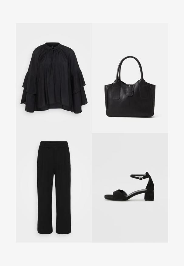 Μαύρη μπλούζα με κυκλικό λαιμό, λεπτομέρεια με κορδόνι και στρώσεις στα φουσκωτά μανίκια. Φτιαγμένη από ελαφρύ ύφασμα με μαλακή υφή.; Μαύρο παντελόνι με φαρδιά γραμμή από λεία ύφασμα, διαθέτοντας επίπεδο μπροστινό μέρος, θηλιές ζώνης και χωρίς ορατές τσέπες. Καθαρός, κομψός σχεδιασμός.; Μαύρες σουέτ κλειστές σάντες με λεπτή λουρίδα στον αστράγαλο, ανοιχτό σχέδιο και μετρίου ύψους μπλοκ τακούνι. Λείο υλικό και ελάχιστες λεπτομέρειες.; Μαύρη δερμάτινη τσάντα tote με λείο υφή, δομημένο σχήμα, δύο λαβές και επιφανές ασημένιο κούμπωμα μπροστά.