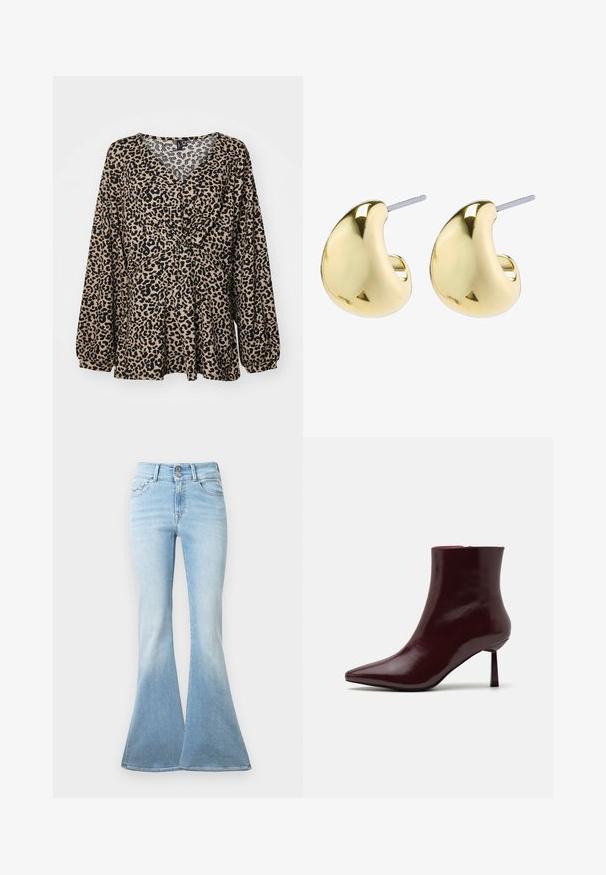 Top w panterkowy wzór w beżowo-czarnych kolorach. Posiada dekolt w serek, zdobienie w talii oraz długie, bufiaste rękawy. Wykonany z miękkiego, teksturowanego materiału.; Jasnoniebieskie dżinsy w stylu dzwonów wykonane z denimu. Charakteryzują się wysokim stanem z dwoma guzikami oraz lekkim wyblaknięciem w kierunku dołu nogawki. Klasyczny pięciokomorowy design.; Burgundowe lakierowane botki za kostkę z ostrym noskiem i smukłym obcasem w szpilkę, charakteryzujące się gładką, błyszczącą teksturą i minimalistycznym designem.; Złote kolczyki o gładkim, zaokrąglonym kształcie, z błyszczącą powierzchnią i zapięciu na sztyft, zapewniającym bezpieczne noszenie.