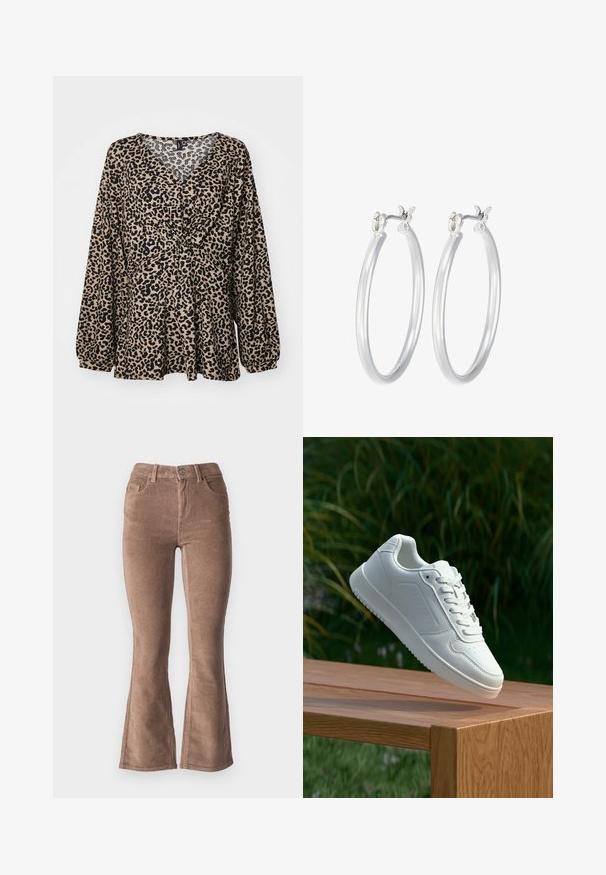 Ženský top s leopardím vzorem v béžové a černé barvě. Má výstřih do V, nařasený pas a dlouhé nabírané rukávy. Vyrobeno z měkké texturované látky.; Hnědé manšestrové kalhoty s rozšířenými nohavicemi s ribovanou texturou, vysokým pasem, pěti kapsami a předním zapínáním na knoflík.; Bílé tenisky s hladkým syntetickým svrškem, perforovanou špičkou, plochými tkaničkami a texturovanou podrážkou, vystavené na dřevěném povrchu.; Stříbrné kruhové náušnice s hladkým, lesklým povrchem. Kulatý tvar a bezpečné zapínání na klip. Lehký design vhodný pro každodenní nošení.