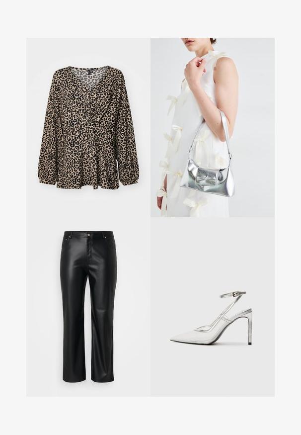 Top com padrão de leopardo em bege e preto. Apresenta um decote em V, detalhe de cintura franzida e mangas longas e volumosas. Tecido suave e texturizado.; Calças de imitação de pele pretas com corte retificado, apresentando passantes para cinto, bolsos frontais e um fecho com zíper e botão. Textura suave.; Shoe com salto stiletto claro e bico fino, material transparente, detalhes metálicos prateados e tira ajustável no tornozelo.; Bolsa metálica prateada com uma forma estruturada, apresentando uma alça superior e um detalhe de laço na frente. Textura suave, acabamento reflexivo.