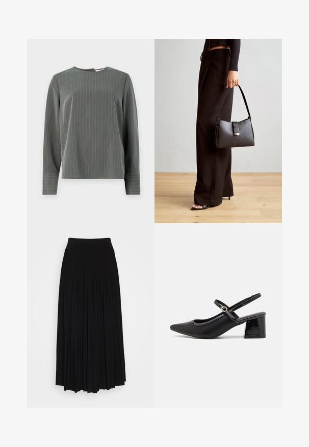 Graues gestreiftes Langarmoberteil mit Rundhalsausschnitt und lockerer Passform. Vertikale Streifen in Hellgrau stehen im Kontrast zur dunkleren Gewebestruktur.; Schwarzer plissierter Rock mit breitem, dehnbarem Bund. Gefertigt aus weichem Stoff, mit vertikalen Falten für eine fließende Silhouette.; Schwarze Lackleder-Slingback-Absätze mit spitzer Zehenform, einem runden Ausschnitt-Design und einem Blockabsatz. Mit einem goldfarbenen Schnallenakzent.; Schwarze Handtasche mit strukturierter Form, glatter Textur und einem metallischen Verschluss. Kombiniert mit weiten schwarzen Hosen und offenen Sandalen auf einem Holzboden.
