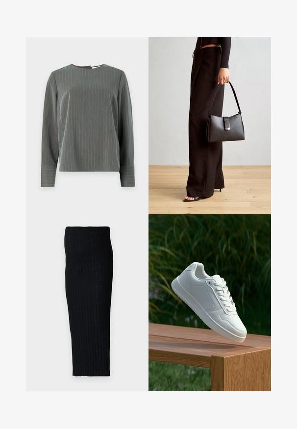 Szürke csíkos, hosszú ujjú felső, kerek nyakú, lazább fazonban. A világos színű függőleges csíkok kontrasztot képviselnek a sötétebb szövet textúrájával.; Fekete, bordázott midi szoknya, amely testhez simuló silhuettal rendelkezik, függőleges csíkokkal a textúráért. Rugalmas anyagból készült a kényelem érdekében.; Fehér sportcipő sima szintetikus felsőrésszel, perforált lábujjrész, lapos fűzőkkel és texturált talppal, fából készült felületen kihelyezve.; Fekete kézi táska strukturált formával, sima textúrával és fémből készült záródással. Széles fekete nadrággal és nyitott orrú szandállal párosítva, fából készült padlón.