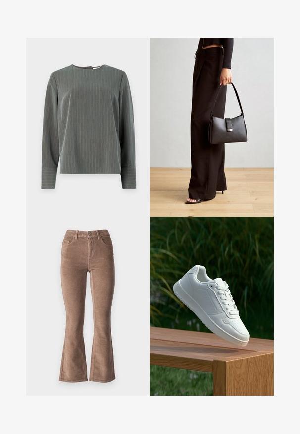 Hallitustriibuline pika varrukaga pluus ümara kaelusega ja lõdvema istuvusega. Helehallid vertikaalsed triibud kontrasteerivad tumedama kangaga.; Pruunid nõelrätikust laiad püksid ribakujulise tekstuuriga, kõrge vöökoht, viis taskut ja ees olev nööp kinnitamine.; Valged sneakerd, millel on sile sünteetiline ülemine osa, väikeste aukudega varvaskast, lamedad paelad ja tekstuuriga tald, eksponeeritud puidust pinnal.; Must musta kott, millel on struktureeritud kuju, sile tekstuur ja metallist klamber. Kombineeritud laiate mustade pükstega ja avatud varvaste sandaalidega puidust põrandal.