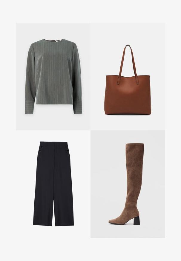 Gray striped long-sleeve top with a round neckline and relaxed fit. Vertical stripes in light gray contrast against the darker fabric texture.; Wide-leg trousers in dark navy fabric, featuring a smooth texture, front pleats, and decorative gold-tone eyelets on the side pockets.; Brown over-the-knee boots made of soft suede with a pointed toe and a chunky black heel. The design features seamless stitching for a sleek look.; Brown leather tote bag with a smooth texture, open top design, and two shoulder straps. Features minimal stitching and no visible hardware.