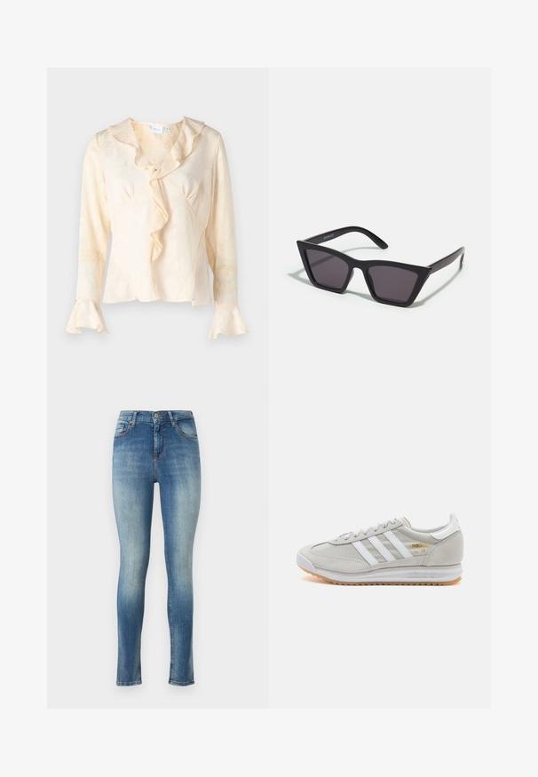 Kremskrāsas blūze ar teksturētu ziedu rakstu, salocītu kakla daļu un izplestām piedurknēm. Iespējo pārsējumā un ar smalku spīdumu.; Tievās džinsās gaiši zilā denima tonī. Ar vidēju jostas vietu, piecām kabatām un vieglu izbalējumu priekšā un aizmugurē, lai nodrošinātu valkātu izskatu.; Gaišpelēka kedas, izgatavotas no zamša un sieta, ar trim baltām svītrām, apaļu purngalu un gumijas zoli. Zelta logo akcenta detaļa blakus auklām.; Melni, stūrveida saulesbrilles ar pelēkiem objektīviem; izgatavotas no plastmasas, ar biezām kājām, kam ir gluda virsma un nav redzamu stiprinājumu.; Sudraba gredzenveida auskari ar minimālistisku dizainu. Cirkulāra forma, gluda tekstūra un plāns profils. Vieglu svaru ar spīdīgu apdari.
