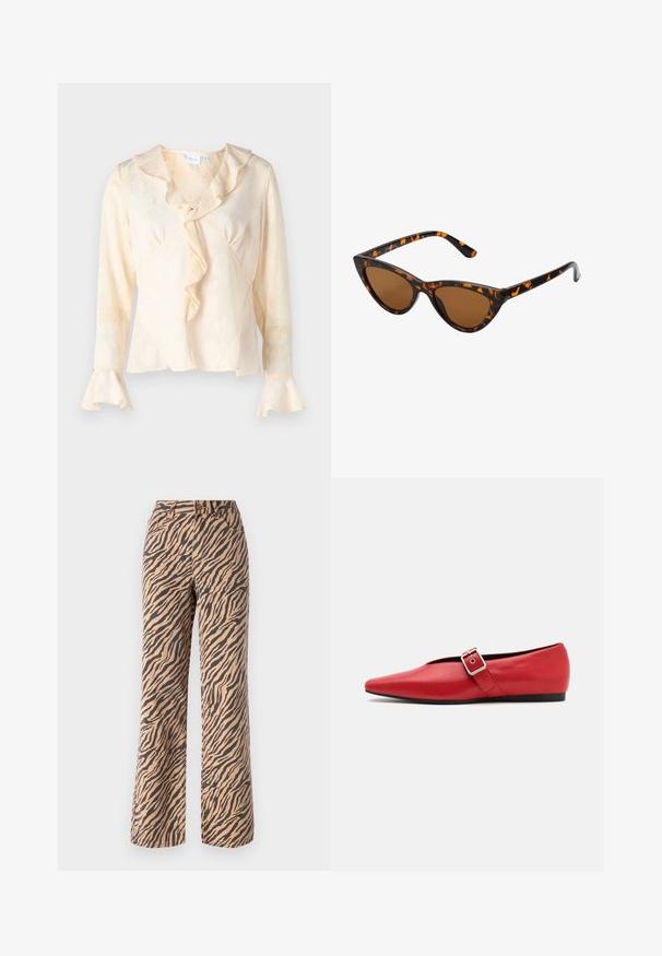 Crème kleurige blouse met een gestructureerd bloempatroon, gerimpelde halslijn en uitlopende mouwen. Heeft een wikkeldesign en een subtiele glans.; Wijde broek met een tijgerprint in bruin- en zwarttinten, uitgerust met een standaard taille en een vijf-pocket ontwerp.; Rode leren platte schoen met een spitse neus, voorzien van een zijkant band met een metalen gesp en een lage zwarte hak. Gladde textuur overal.; Cat-eye zonnebril met een zwart en oranje schildpadframe, bruine lenzen en slanke, puntige uiteinden. Bevat een minimalistisch logo op de poot.