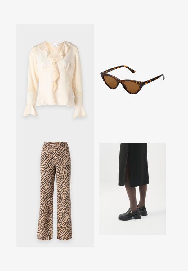 Kermansormuinen paita, jossa on teksturoidusta kukkakuviosta valmistettu pinta, röyhelökaulus ja levenevät hihat. Ominaisuuksiin kuuluu kietaisumalli ja hailakka kiilto.; Ohuet lahkeet, joissa on tiikeriraidallinen kuvio ruskean ja mustan sävyissä, varustettuna tavallisella vyötäröllä ja viidellä taskulla.; Mustat nahkakengät pyöreällä kärjellä, paksulla lohkopohjalla ja joustavilla sivuakkesseilla, yhdistettynä tummiin sukkahousuihin ja mustaan hameeseen, jossa on halkio.; Kattöga solglasögon med en svart och orange sköldpaddsmönstrad båge, bruna linser och slanka, spetsiga spetsar. Har en minimal logotyp på skalmen.